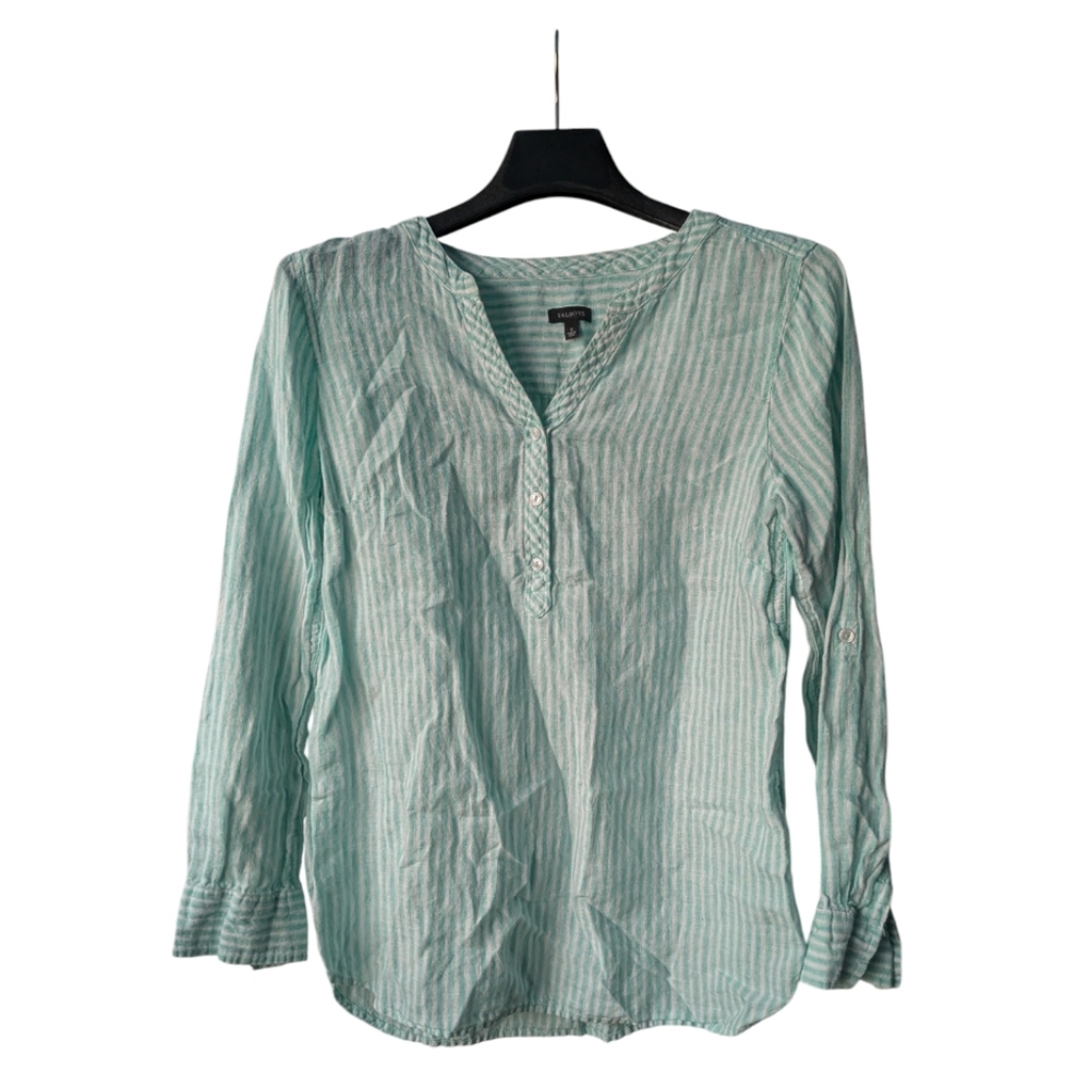 Talbots striped linen mint green and white collarless popover camp shirt size S
